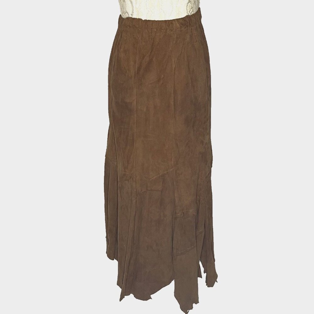 Vtg 90’s Suede Maxi Skirt Sz S Leather Southwest Made in Santa Fe NM Blue Rose